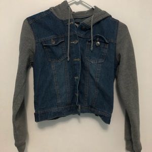 gray dark denim jacket with gray cotton sleeves